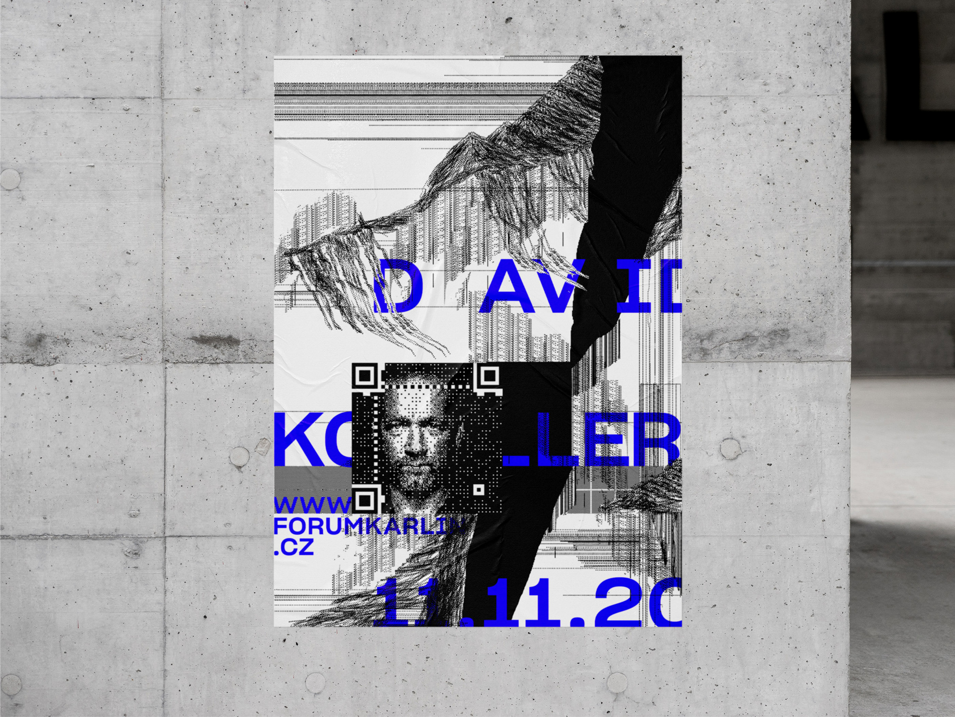 David Koller #-# Poster #-# In harmony with David Koller’s evolving sound, we crafted a vivid visual ecosystem for his new album. Our designs spanned the CD cover, posters, banners, merchandise, and beyond, capturing his shift towards a more electronic resonance. Collaborating with the renowned Czech artist David Černý, we portrayed the band's frontman through a QR code portrait, merging art with technology in a striking blend. The result is a captivating visual system, where the QR code’s pixel structure meets pixel-shaped brush strokes, blending classical drawing techniques with modern digital artistry.