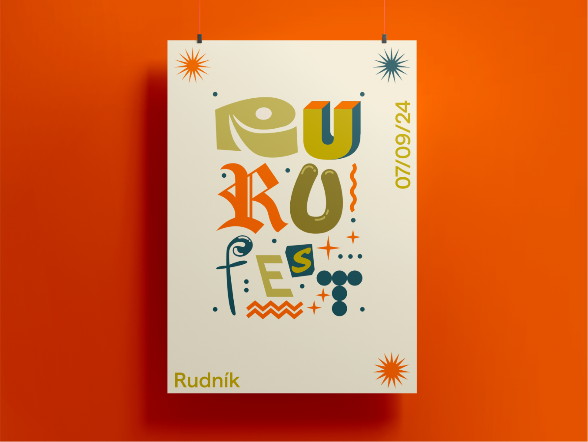 RuRuFest #-# Invitation & Identity #-# For the first edition of planned annual music and artistic festival in Rudník, a small North Bohemian village, we established their visual identity and communication style aimed to help in creating community, relationship to the place, and cultivation of the Sudetenland. The entire promotion and navigation system – with the name based on connection of  first two letters of both village name and a ruin – was created as well for various perfomances including children's theater, a flower auction, and a lecture on history. The main goal is a better environment, including a secured future for the unique historical building, now the ruin of an evangelical church in Rudník–Bolkov.